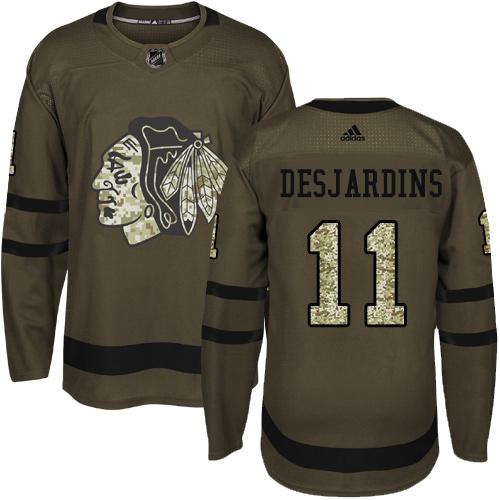 Adidas Blackhawks #11 Andrew Desjardins Green Salute to Service Stitched NHL Jersey - Click Image to Close
